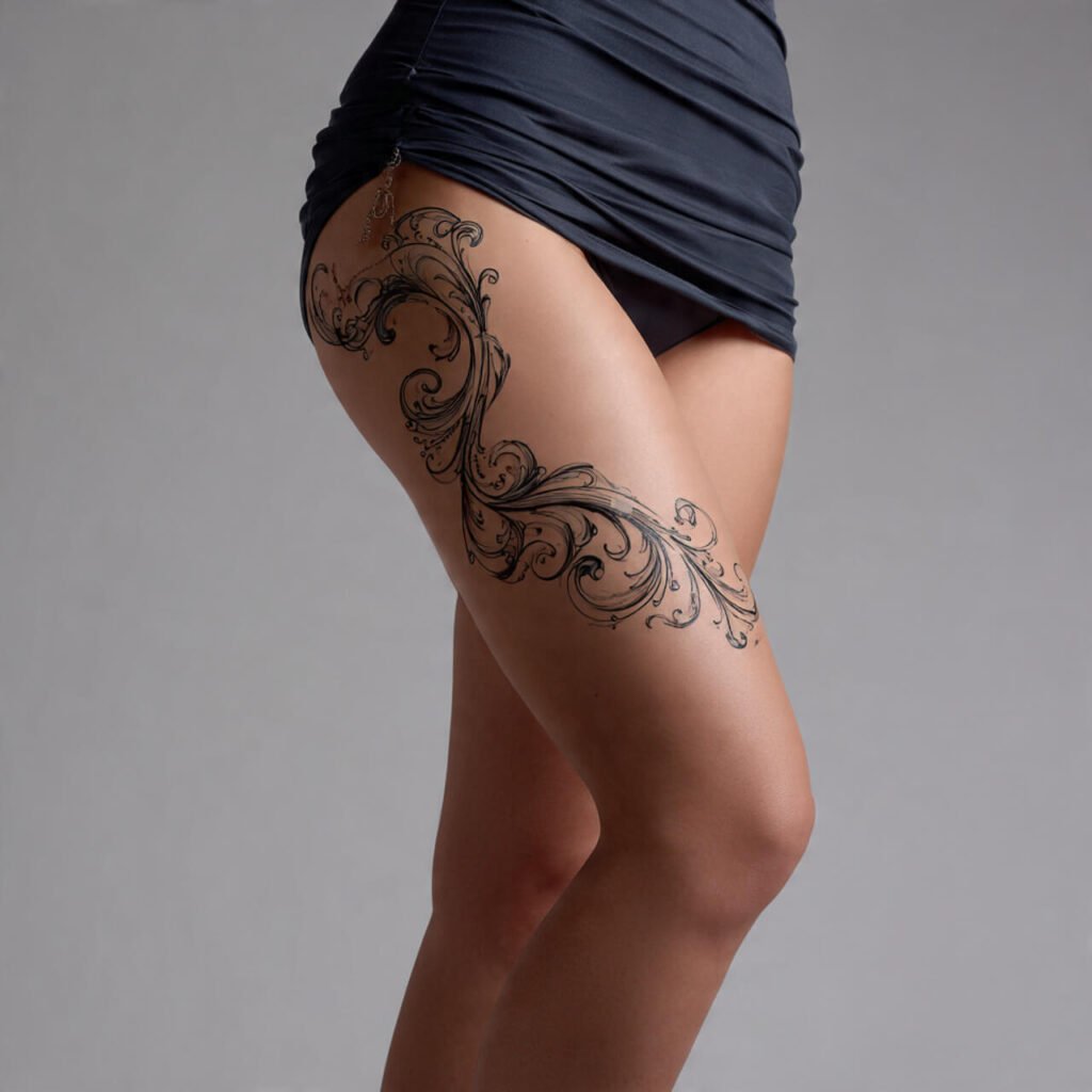botanical thigh tattoo