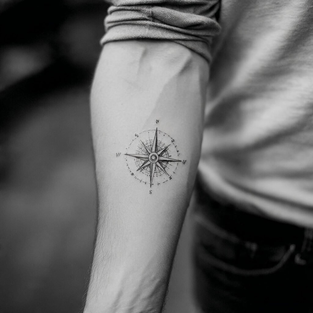 Minimalist Compass Tattoo on Inner Forearm