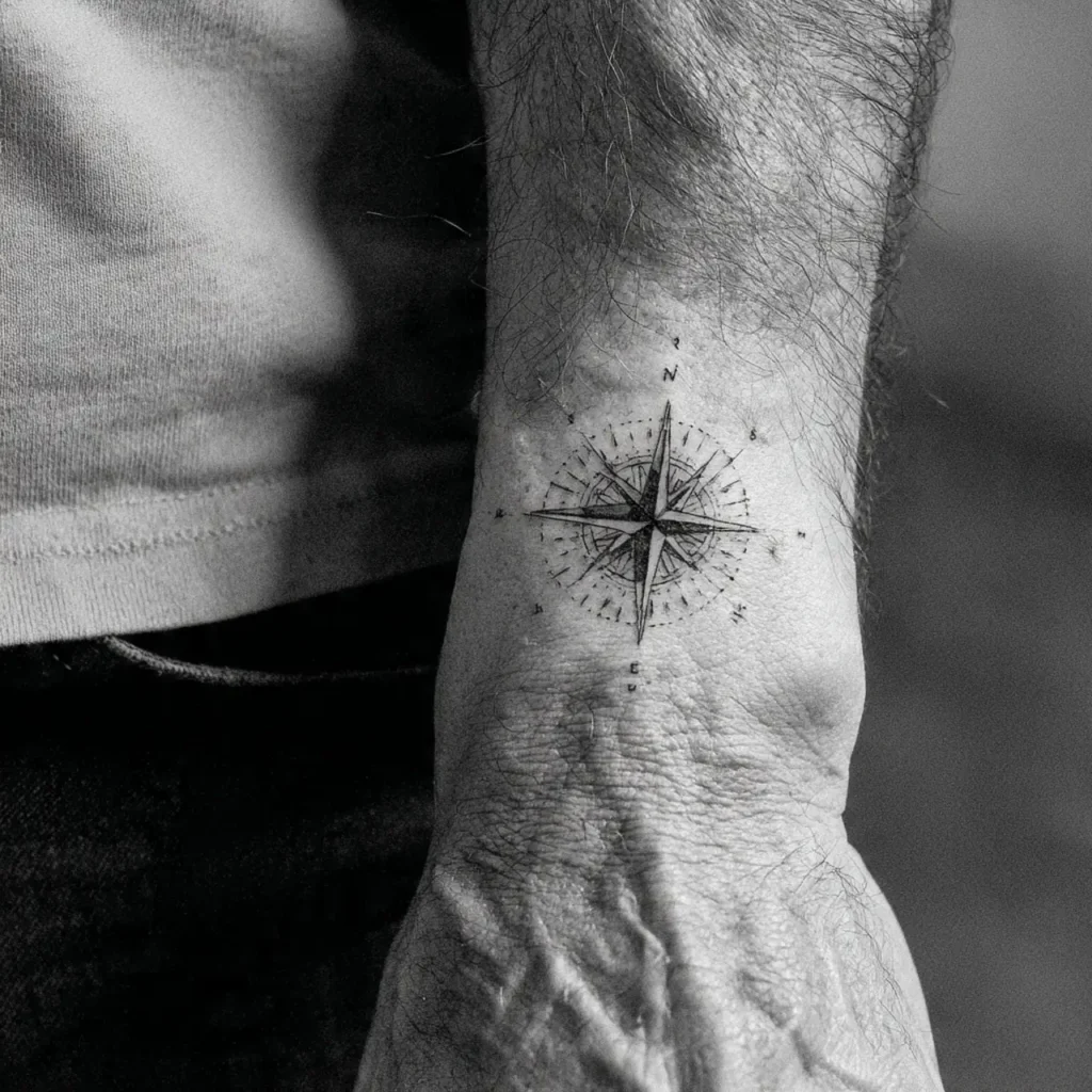 Fine Line Compass Tattoo