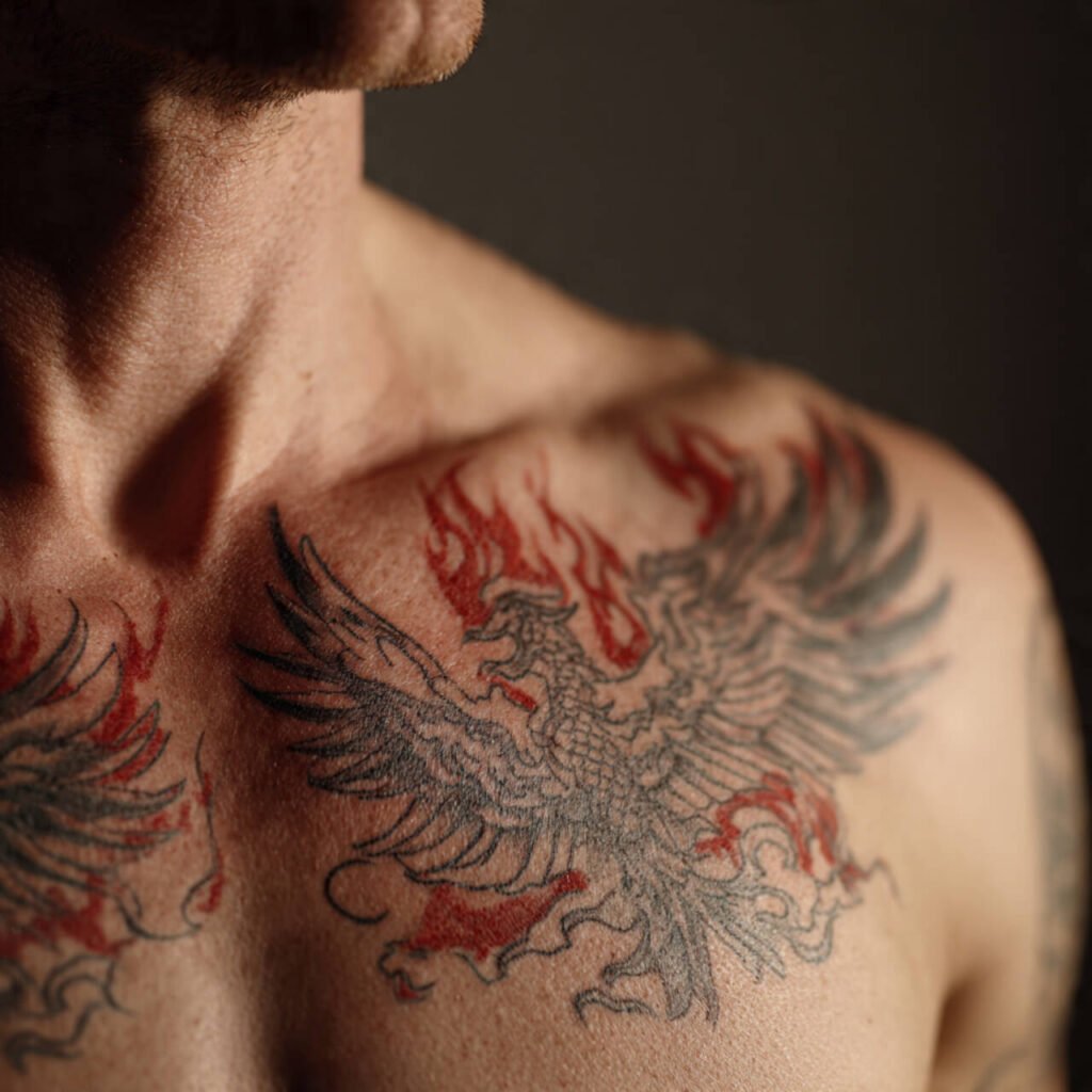 Phoenix Rising tattoo on chest