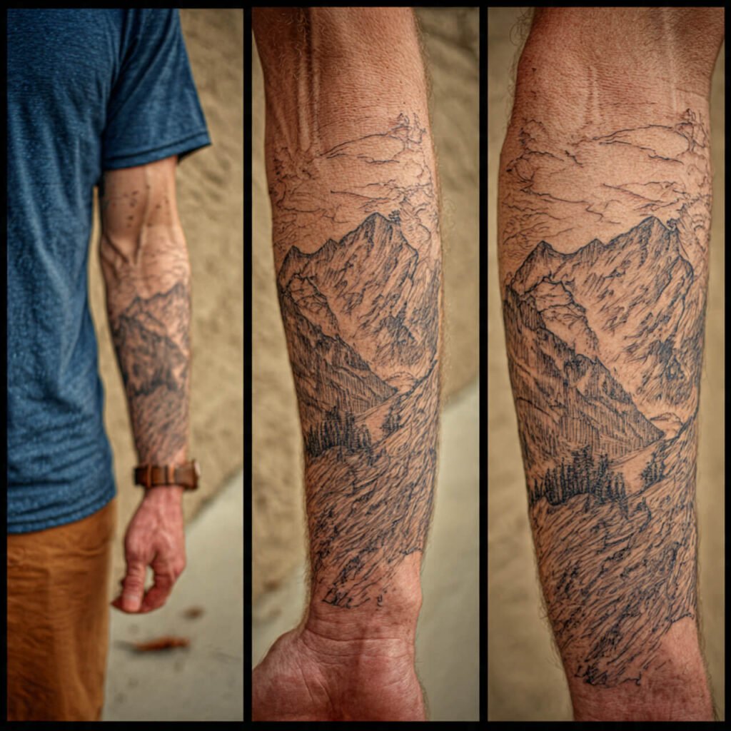 Etched Mountain Linework Tattoo