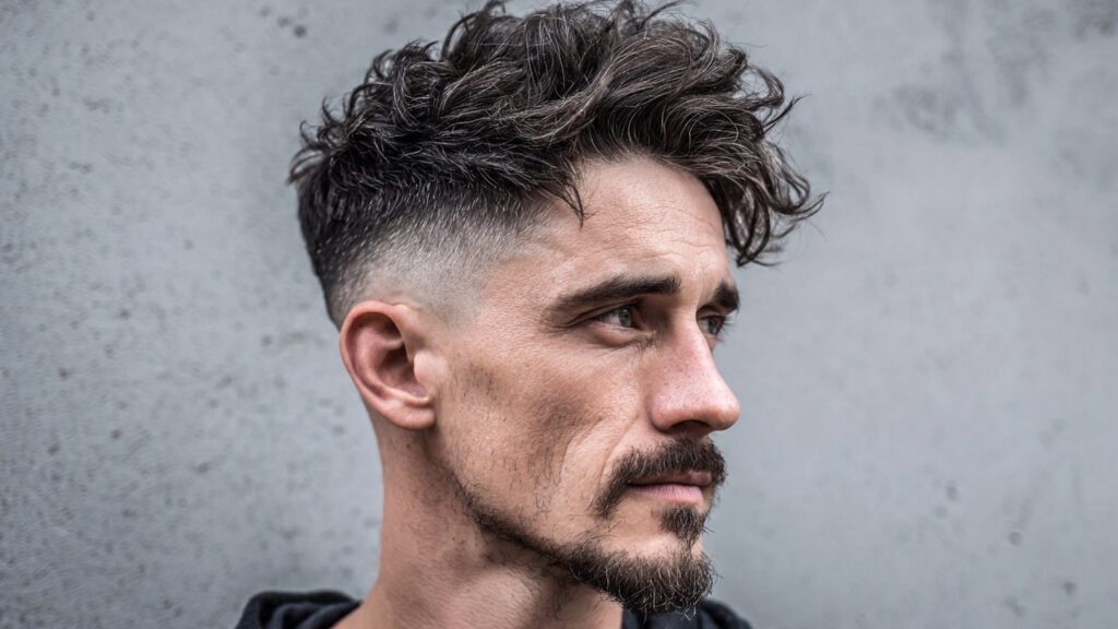 Messy Top Mid Fade With Goatee Moustache Combo