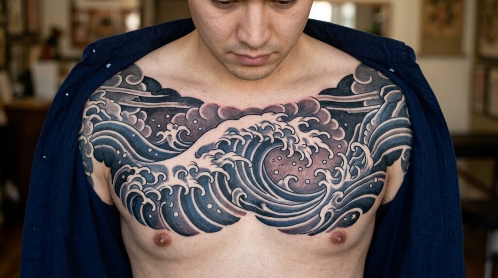 Illustrative Japanese Wave Scene Across the Chest