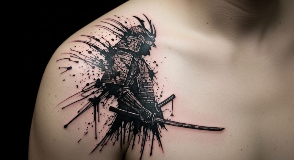 Abstract Ink Splash Samurai Silhouette