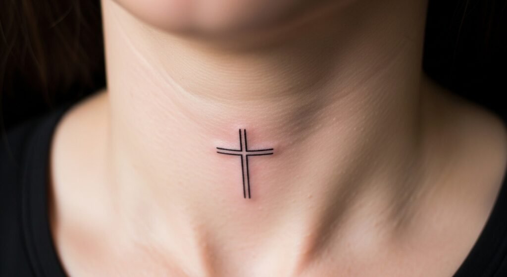 Minimal cross under jaw tattoo