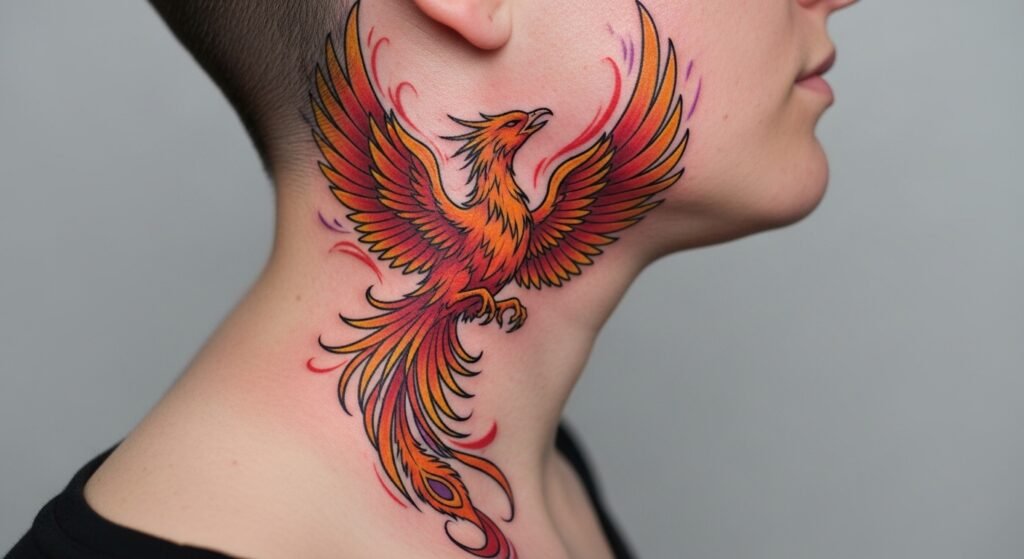 Phoenix rising neck tattoo