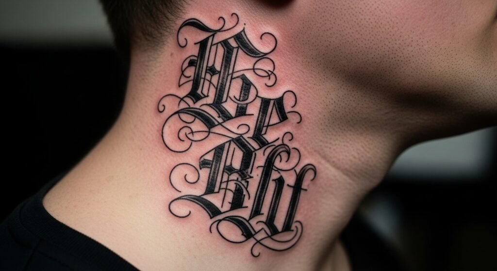Gothic script side neck tattoo