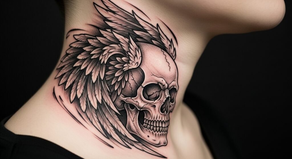 Traditional dagger rose neck tattoo