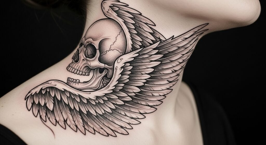 Illustrative skull wings neck tattoo