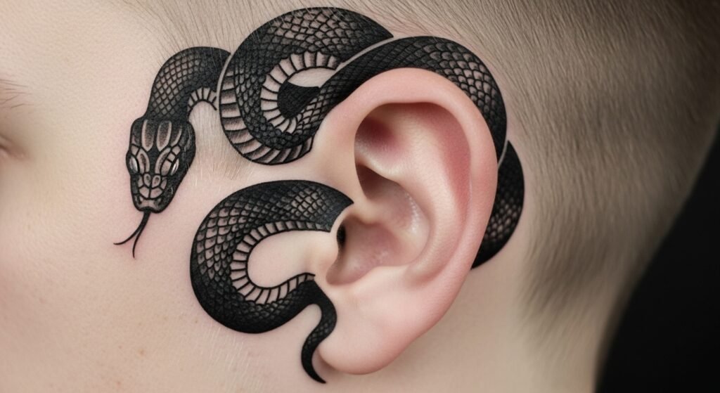Blackwork snake behind ear tattoo