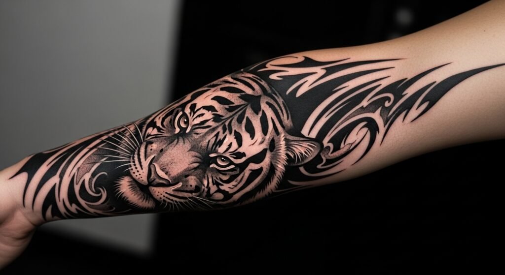 Blackwork Tiger Head Across the Forearm