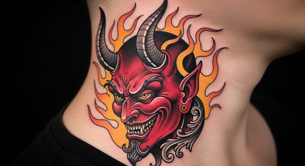 Neo traditional devil neck tattoo