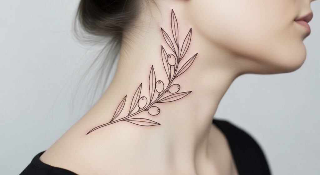Olive branch side neck fine line tattoo