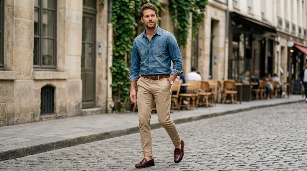 Denim shirt loafer look