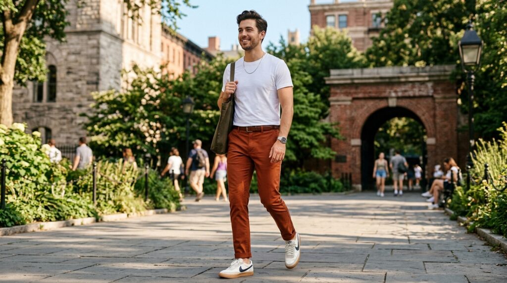 rust chino outfit