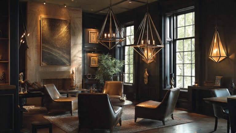 Statement Lighting (That Isn’t a Floor Lamp)Skip the traditional floor lamp and go architectural. Cone pendants, sculptural chandeliers, wall-mounted LEDs, or geometric sconces shape the room instantly.
Statement lighting turns your living space into an editorial photo dramatic shadows, warm ambiance, and visual direction that feels modern and masculine.