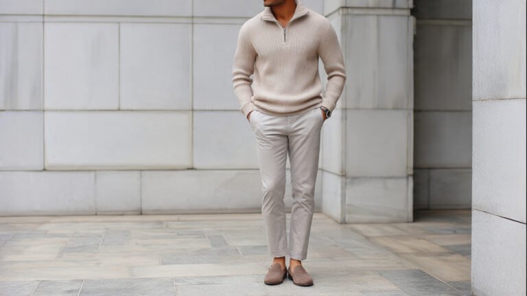  Beige Half Zip Sweater With Slim Trousers