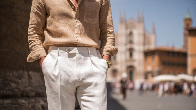 Beige Linen Shirt With White Trousers