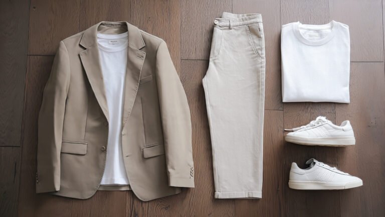 Beige Sport Coat With White Tee and Sneakers