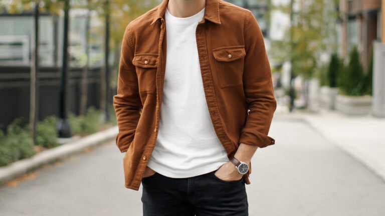 Brown Overshirt With White Tee and Black Jeans