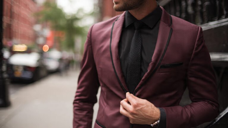 Burgundy Suit With Black Detailing
