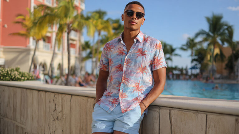 Casual Palm Print Short Sleeve Shirt Outfit