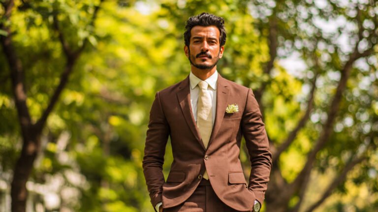 Coffee Brown Suit With Cream Shirt Contrast