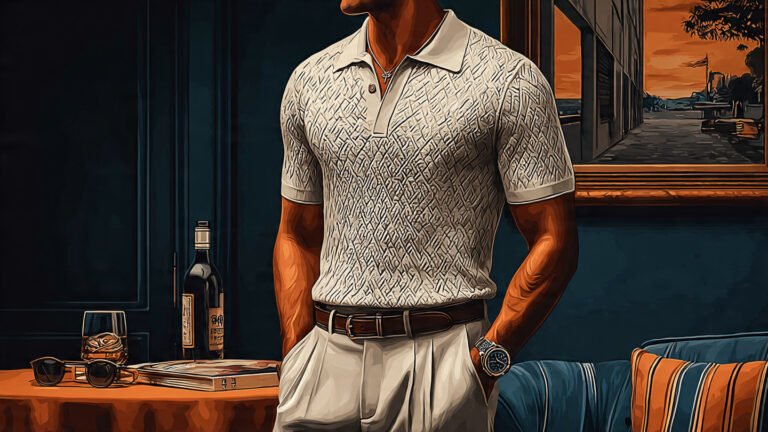 Cream Knit Polo With Pleated Trousers