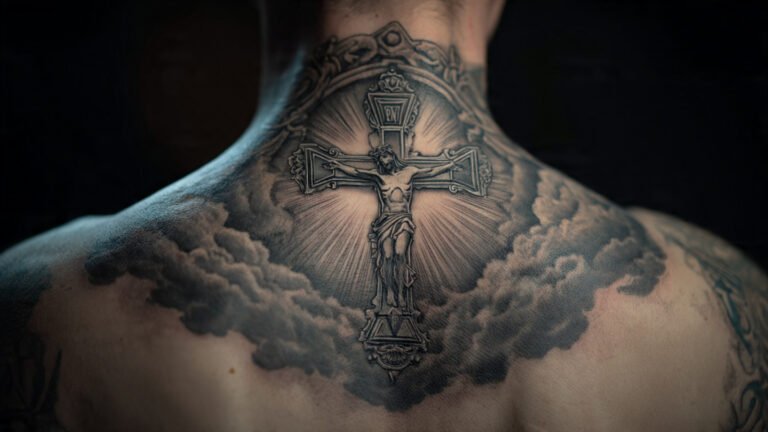 Detailed Crucifixion Tattoo With Dramatic Blackwork