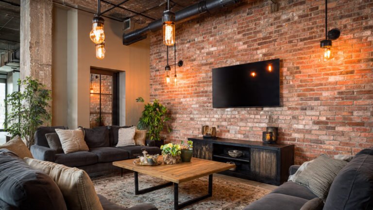 Exposed Brick Accent Wall With Warm Edison Lighting