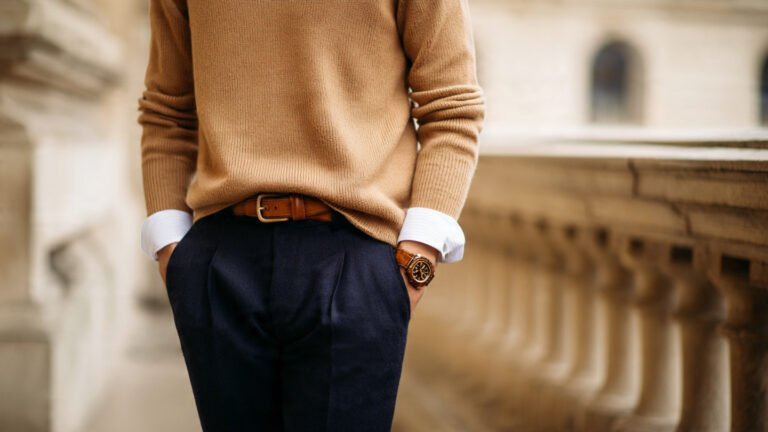 Camel Sweater With Navy Trousers