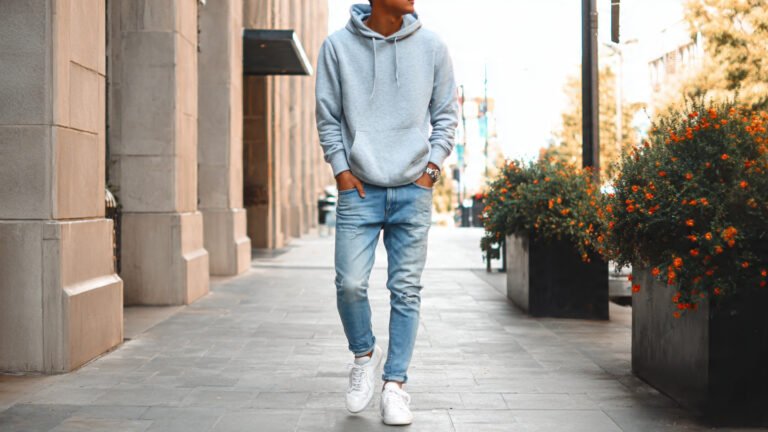 Washed Blue Jeans With Grey Hoodie and Sneakers