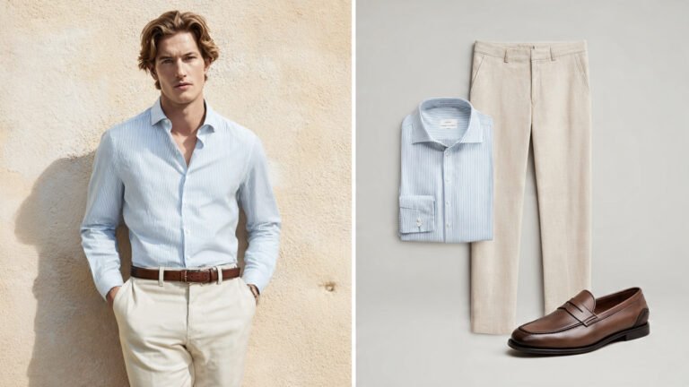  Light Blue Shirt With Beige Trousers