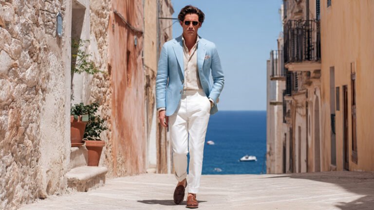 Light Blue Sport Coat With White Trousers