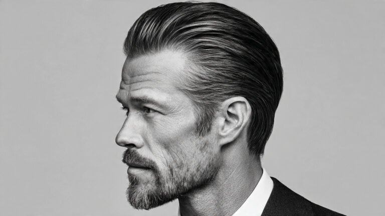 Mid Fade with Slick Back and Connected Goatee