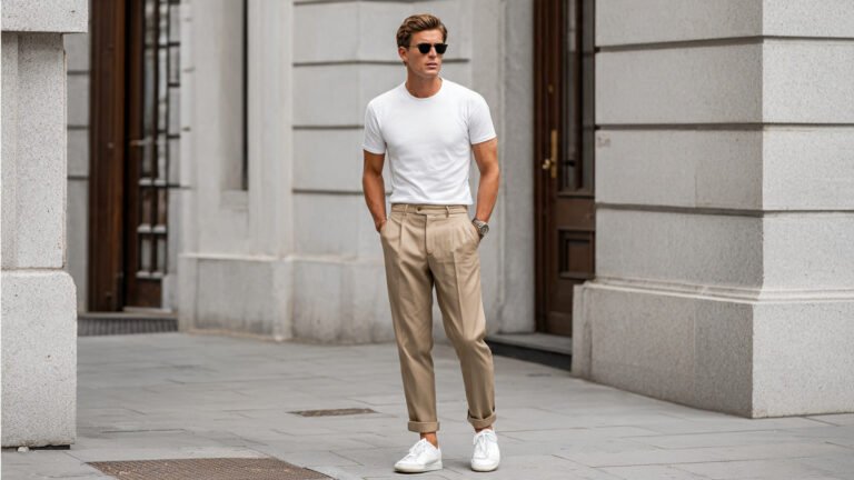  Minimalist White Tee and Tailored Beige Trousers