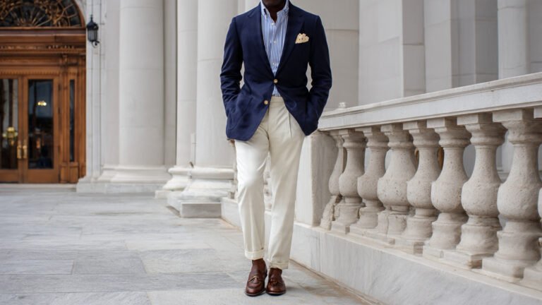 Navy Blue Sport Coat With Cream Pants