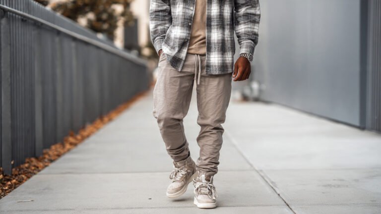 Neutral Flannel With Joggers and Sneakers