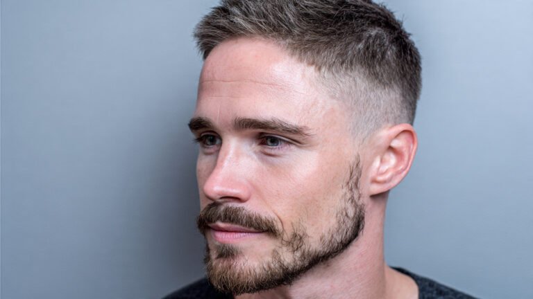 Short Low Fade With Light Mustache and Goatee
