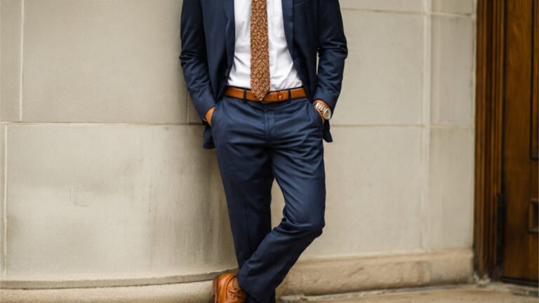 Tailored Navy Suit With Brown Leather Accents