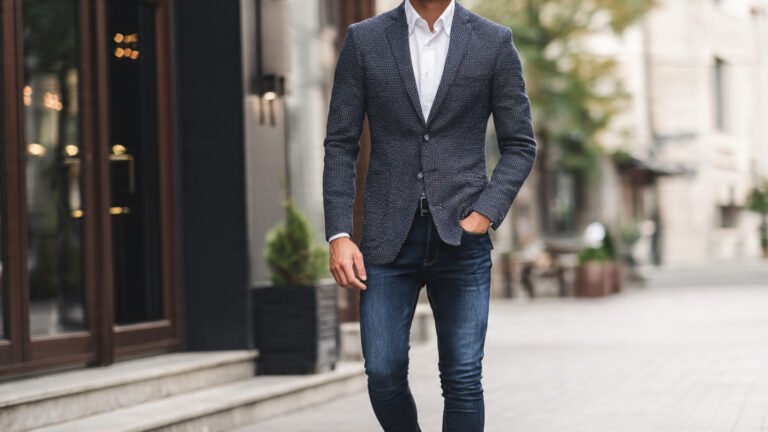 Textured Blazer With Dark Denim