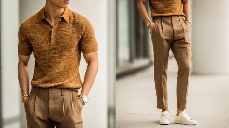 Textured Knit Polo With Tailored Pants