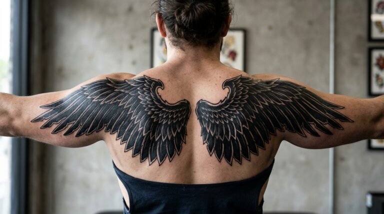 Black wings back tattoo