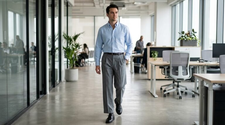 Blue Shirt Grey Trousers