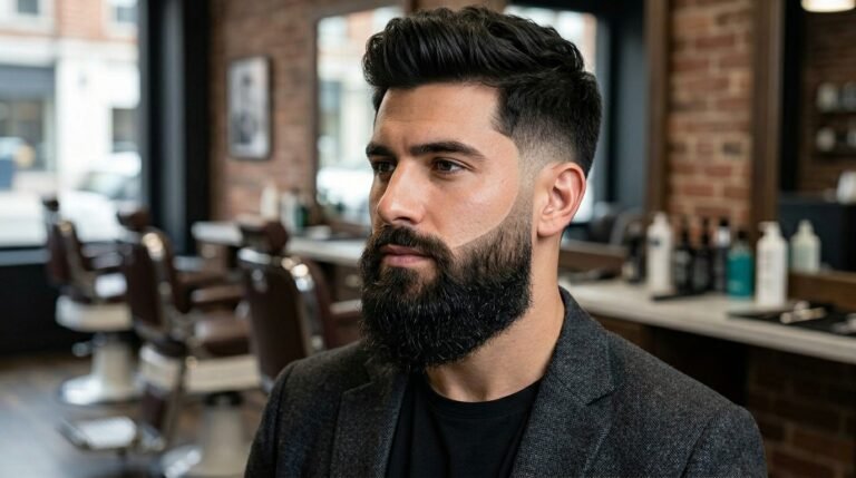 Double shade beard with fade contrast and sharp edges