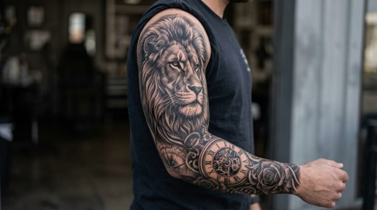 Lion clock sleeve tattoo
