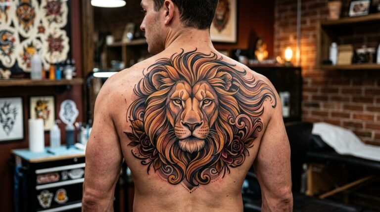 Lion mane back tattoo
