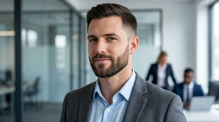 Short boxed beard with sharp cheek line and clean neckline