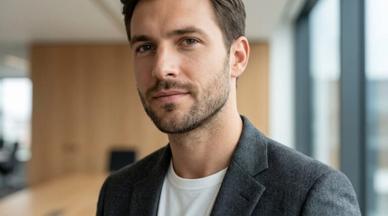 Short stubble beard with natural cheek line and faded neckline