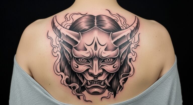 Illustrative Hannya Mask With Soft Shading Across the Back